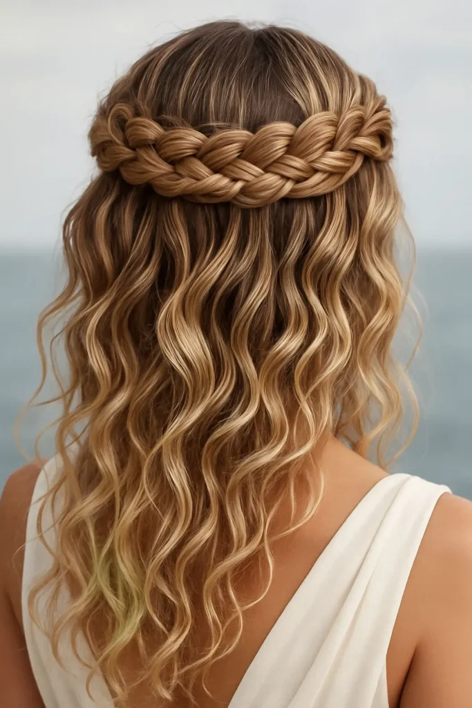 hairstyles for thin hair for wedding 3 3. Braided Halo with Loose Waves