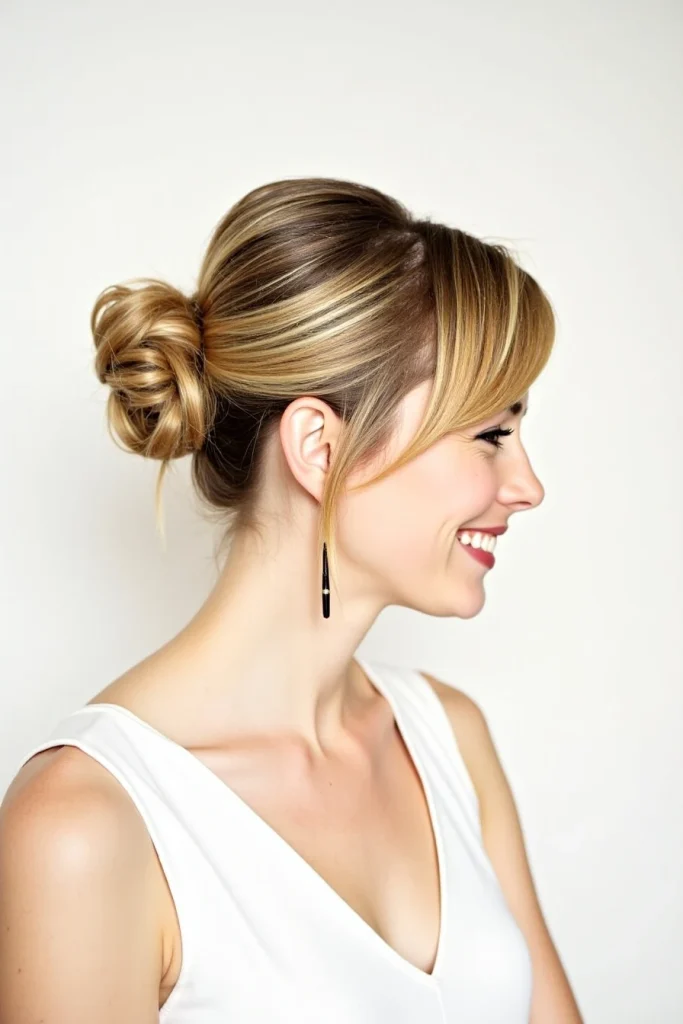 hairstyles for thin hair for wedding 4 4. Messy Bun with Side Swept Bangs